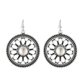 Vintage silver hollow-out round earrings with translucent inserts in retro ethnic style - Antique Silver Hollow Carved Round (K-1247)