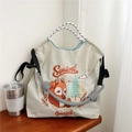 Sac fourre-tout en toile beige avec broderies d'écureuils et bandoulière réglable - Grand Sans Sangle / Écureuil Gris Clair