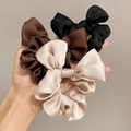 Elegant satin bow scrunchies set in black, brown and beige colors with silky finish - Satin 4-Color Set