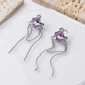 Elegant purple crystal tassel drop earrings featuring silver chain dangles for women - Purple Crystal Silver Tassel Earrings