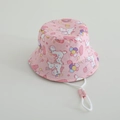 Detail of pink kids bucket hat featuring unicorn prints and adjustable windproof strap - 54cm(4-10 Years) / Balloon Unicorn