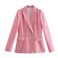 Pink and white plaid double-breasted women's blazer with lapel collar and flap pockets - S / Pink