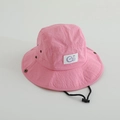 Detail of pink quick-dry kids bucket hat with GO logo patch and adjustable drawstring - 52cm / Pink