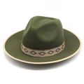 Detail of dark green wool felt jazz hat featuring geometric embroidery and contrast piping - M (56-58cm) / Army Green with White Edge