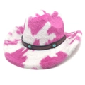 Pink and white cow print plush cowboy hat with turquoise western style leather band - M (56-58cm) / Straight Crown Rose Red