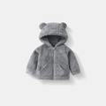 Detailed close-up of dark grey plush baby hoodie with cute bear ears and secure zipper - 80cm / Gray