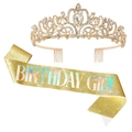 Golden Birthday Girl crown set with sparkling rhinestones and glittery sash - One Size / Set 13 (Gold Crown + Gold Girl Sash)