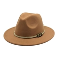 Detail of khaki wool fedora hat featuring woven band and vintage metal beads - Khaki