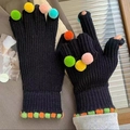 Guanti neri senza dita in maglia con pompon colorati e polsini a scacchi arancione-verde - Stile Pom Pom Colorati / Nero