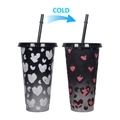 710ml color changing cold straw cup with leopard heart pattern showing before and after effect - 701-800ml / Valentine Leopard (Black)