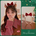 Christmas reindeer antler headband with red velvet bow and white plush balls for kids - 19# Bow - Coffee Antlers