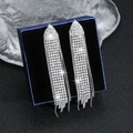 Sparkling silver fringe earrings with luxury rhinestones in a blue jewelry box - Silver Triangle Base Rhinestone Tassel Earrings DTE1616992S
