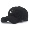 Black sherpa baseball cap featuring white embroidered C letter with suede brim detail - Black