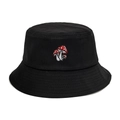 Cappello a secchiello in cotone nero con simpatico ricamo a fungo su sfondo bianco - M (56-58cm) / Nero