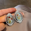 French vintage oval earrings with dried flowers and pearl border in silver finish - Magic Mirror Amber Dried Flower