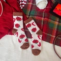 Thick coral fleece Christmas socks in white with red fruit patterns and brown accents - Beige Red Apple