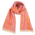 Close-up of pink and orange striped knit scarf with soft fringe and textured yarn - 06# Red