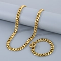 Golden stainless steel Cuban link necklace and T-bar bracelet set with polished finish - Six-sided Polished Cuban Chain (10mm) / Bracelet 21cm / Gold