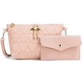 Pink heart-quilted crossbody bag and envelope coin purse set with swan hardware - Pink