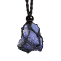 Handmade woven mesh necklace with raw natural lapis lazuli stone pendant on white background - Lapis Lazuli Raw Stone / Stones Approx 2-3cm / Raw Lapis Lazuli with Black Bead and Black Mesh Pouch