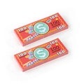 Two stacks of red party toy money bills with dollar signs for electric money gun - Red Notes (200 Sheets)