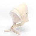 Beige Kord-Wintermütze für Kinder mit dickem weißem Kunstfellfutter und praktischen Bändern - 52CM(2-4 Jahre) / Beigefarbener Etiketten Patch Bindestil (C4)