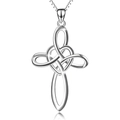 Silver Celtic cross necklace with heart knot design and hollow structure on white background - White Gold