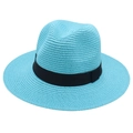 Classic bright blue straw Panama Fedora hat with elegant black ribbon for men and women - One Size / Lake Blue
