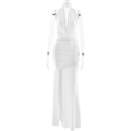 Elegante witte halteravondjurk met gedrapeerde halslijn en zijsplit detail - S / Wit