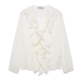Macro shot of white long sleeve blouse with layered ruffles and button-down collar detail - XS / Milky White