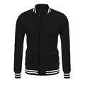 Macro shot of striped ribbed collar and button closure on black varsity jacket - S / Tops / Black