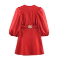 Elegantes rotes Minikleid aus Wildlederimitat mit Puffärmeln und goldener Gürtelschnalle - S / Rot