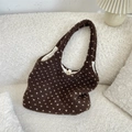 Borsa tote in pile marrone con motivo a cuori bianchi e chiusura magnetica - Marrone