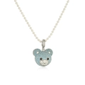 Cute silver bead chain necklace with blue and black zirconia teddy bear head pendant - Silver With Lake Blue Zircon