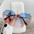 Fashion oversized rimless sunglasses with blue-pink gradient lenses and rhinestone floral detail - Blue to Pink Gradient (A06 Lingxiao 8816#)