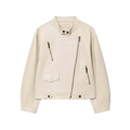 Women's off-white PU leather biker jacket with asymmetrical zippers and stand collar - S / Off White