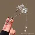 Silver U-shaped hair pin featuring snowflake design with crystals and pearls, 12cm length - Silver Double Prong Crystal Snowflake Hair Stick