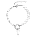 Faux pearl and paperclip link chain bracelet with a gold stainless steel letter T charm - Silver-Letter T