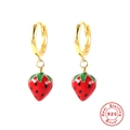 Close-up of S925 sterling silver strawberry drop earrings with red enamel and gold hoops - 925 Silver / Gold-Strawberry