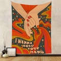 Detail of 70s retro tapestry hanging on a gray wall with I Wanna Hold Your Hand text - Holding Hands Style (GT618-2)