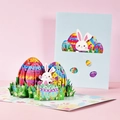 3D pop-up Easter card featuring colorful eggs and cute bunnies in a floral basket - Easter Bunny Eggs