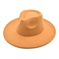 Close-up of a camel wide brim wool fedora hat with a classic pinched crown and felt texture - M (56-58cm) / Camel