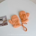 Detail of warm orange plush mittens for children with hanging neck rope and soft texture - 3-8 Years Approx / Orange