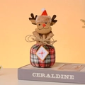 Detail of Christmas reindeer burlap gift bag with red plaid pattern and drawstring tie - Reindeer with Plaid Bottom