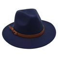 Detailed close-up of navy blue wool fedora hat with brown leather belt buckle band - Navy Blue (Brown Belt)