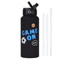 Botella de agua 1L de acero inoxidable negro mate con diseño de fútbol y cepillo - Estampado Smiley de Fútbol / Negro 9B