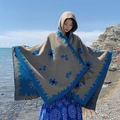 Châle à capuche bohème beige et bleu avec motifs floraux et finitions à franges douces - LM314 Tournesol - Kaki