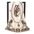 Silky satin square scarf featuring golden chains, leopard print, and baroque medallion motifs - Chain Gemstone Beige (SD90-25-1)