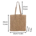 Handmade woven straw tote bag in natural finish with long brown faux leather handles - Top Zipper Closure / Khaki