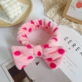 Pink polka dot coral fleece headband with bow for face washing and spa skin care - Pink Rose Dots